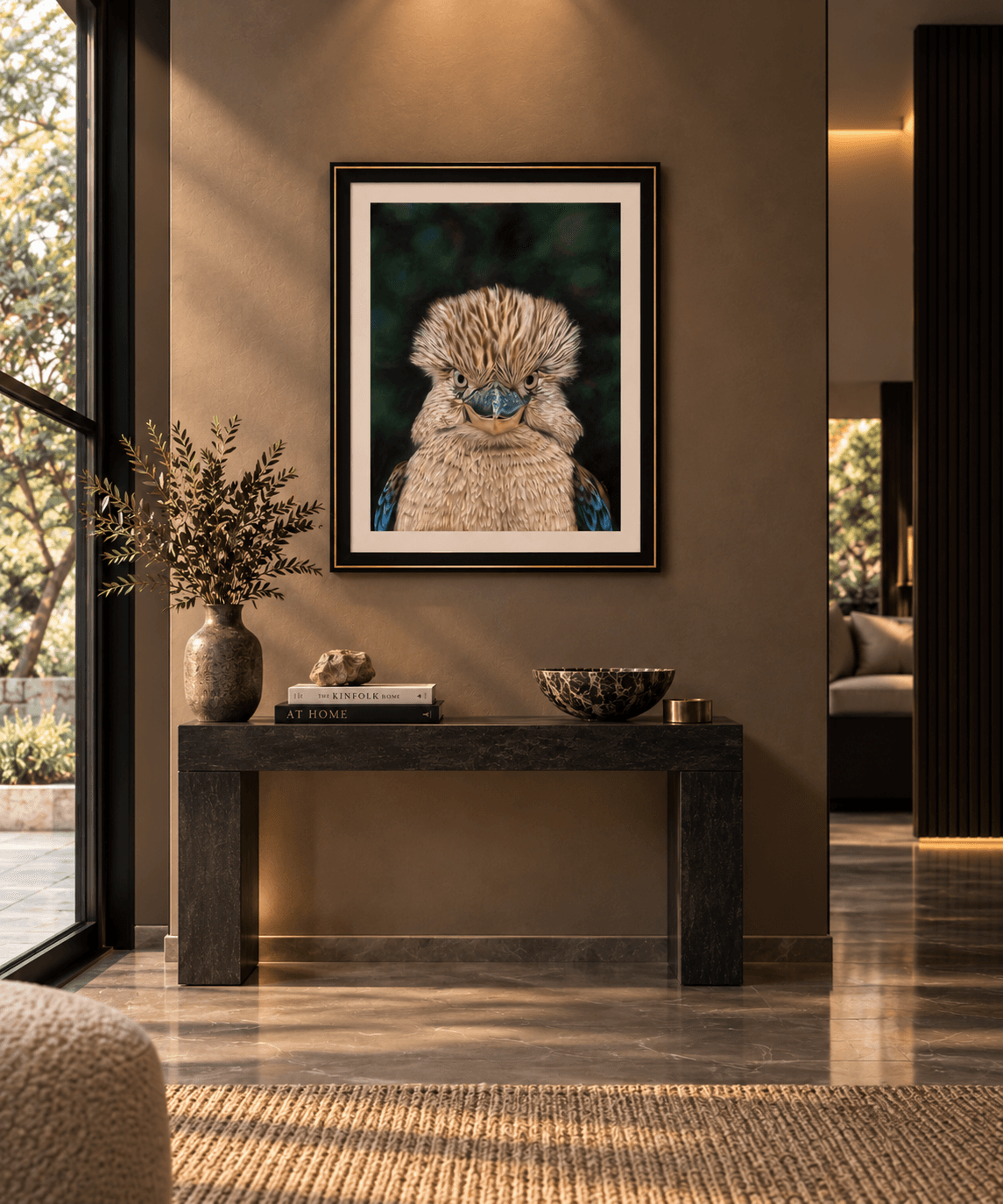 Before the Laugh by Samara LeTard shown in an interior setting to illustrate the scale of the 127 × 97 cm framed artwork.
