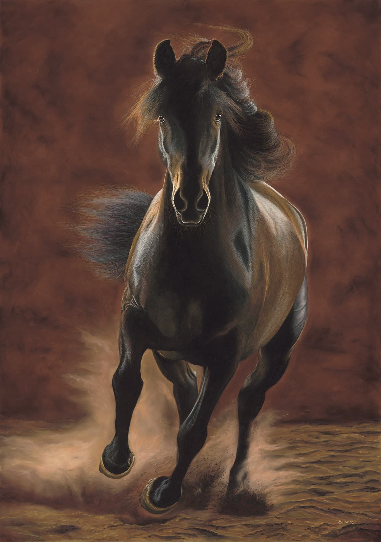 Unbound — Andalusian horse rising through dust and shadow